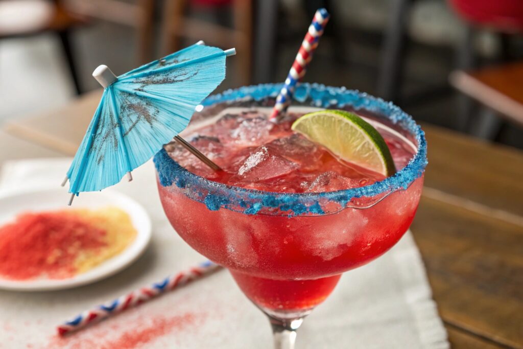 Layered red, blue, and yellow tequila cocktail in a glass, topped with strawberry and cherry garnish